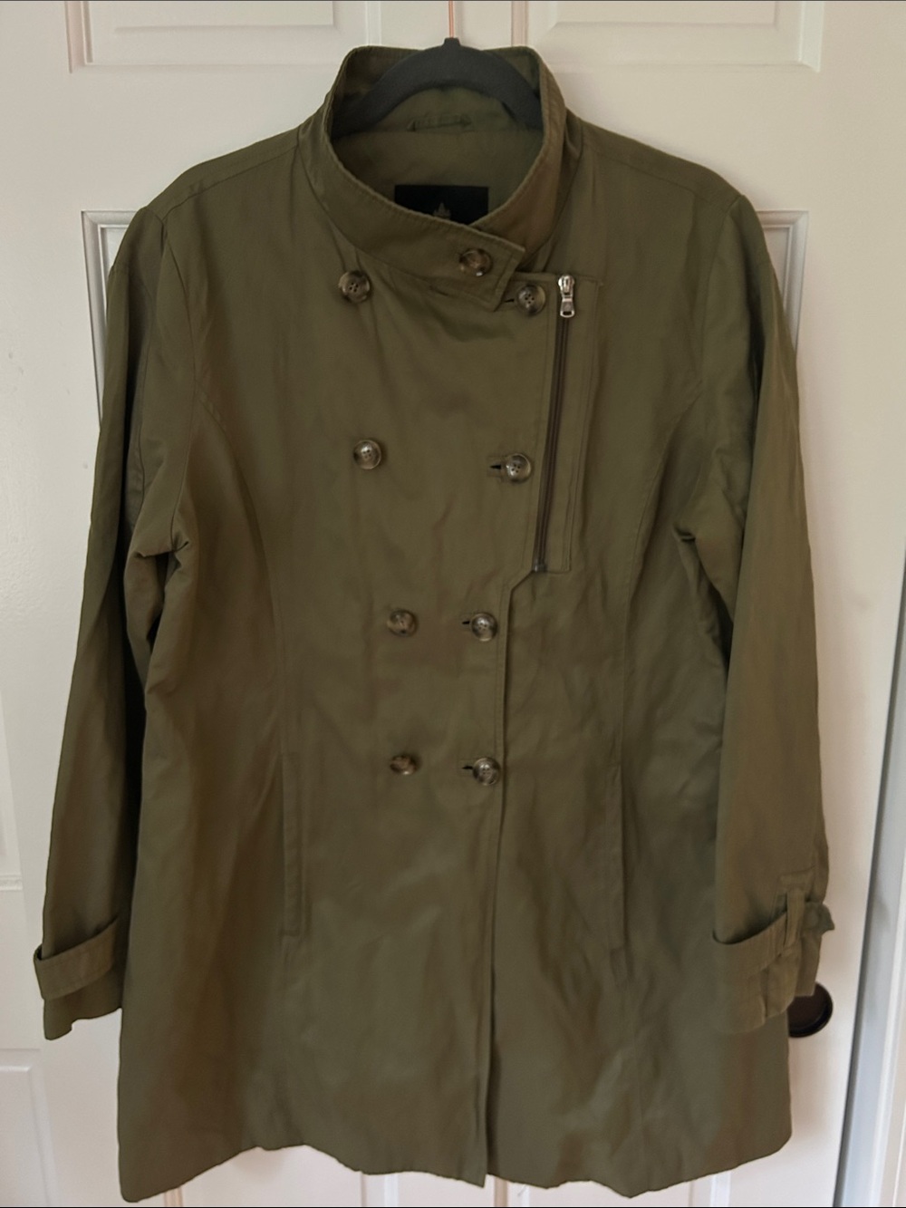 Rainforest Olive Green Cotton Trench/Motto Coat Size XL Asymmetrical Zip Front